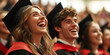 © Serhii - Graduating university students celebrate achievement at joyful ceremony in smiles and laughter. Header banner mockup with copy space.