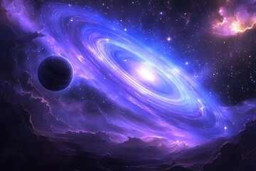 a mesmerizing view of a purple-hued galaxy with swirling rings and a distant planet in a cosmic land