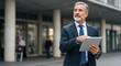 © Muhammad - A thoughtful businessman reviewing his digital tablet outside a modern building, showcasing a confident and contemplative posture in sharp business attire with a blurred urban backdrop.