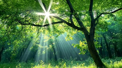 Wall Mural - sunlight filters through lush green trees in a serene forest, creating a peaceful, tranquil atmosphe