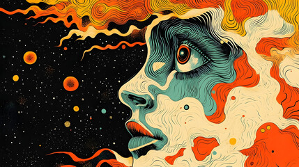 Wall Mural - An artistic illustration of a cosmic face looking toward the stars