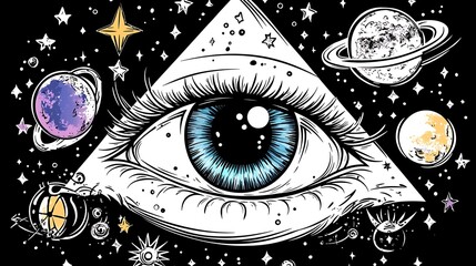 a stylized illustration of an eye with celestial bodies in space