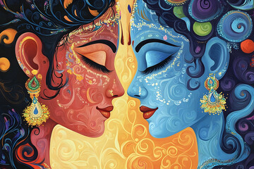 Wall Mural - Artistic depiction of two faces in complementary color schemes together