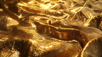 Wall Mural - Golden fabric with delicate polka dots. The fabric is draped in soft folds, catching the light and shimmering.