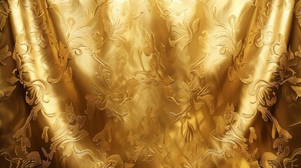 Wall Mural - Golden fabric with a floral pattern. The fabric is draped in a way that creates a sense of luxury and elegance.