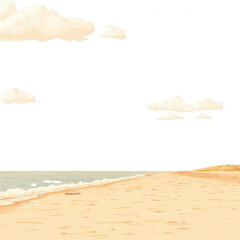 Wall Mural - A serene beach scene with soft waves gently lapping the shore under a clear sky dotted with clouds. Ideal for relaxation and vacation themes.