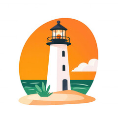 Wall Mural - Stylized illustration of a lighthouse on a sandy beach during sunset with a vibrant orange sky and calm ocean, perfect for travel themes and coastal designs.