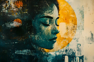 Wall Mural - A painted portrait of a woman with closed eyes and calm features