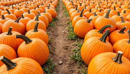 vibrant pumpkin patch with narrow dirt path under sunlight, autumn harvest