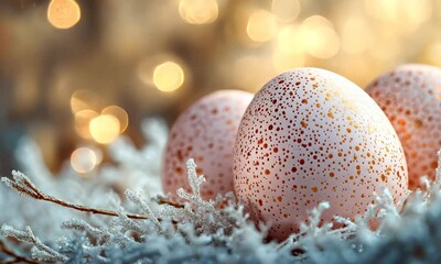 Wall Mural - Elegant Easter: Golden Speckled Eggs Nestled in Frosty Twigs Against a Bokeh Background