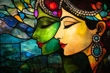 Wall Mural - Two female figures with closed eyes in stained glass effect