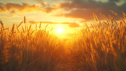 Wall Mural - Golden wheat field bathed in sunset light features a narrow dirt path cutting through swaying amber grain, with warm sunlight filtering through tall stalks, creating a peaceful rural farmland scene.  