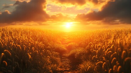Wall Mural - Golden wheat field bathed in sunset light features a narrow dirt path cutting through swaying amber grain, with warm sunlight filtering through tall stalks, creating a peaceful rural farmland scene.  