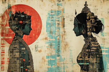 Wall Mural - Two silhouettes of women face each other with abstract overlays