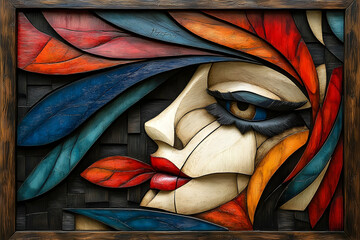 Wall Mural - An abstract wooden artwork portrait depicting a side view of a woman