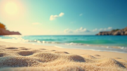 golden, sun-kissed sandy beach meets turquoise ocean water under a bright, clear sky.