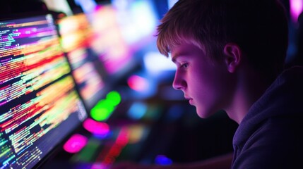 Young coder immersed in programming at a hackathon with focused concentration