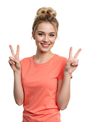 a woman making a peace sign, isolated
