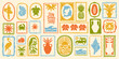 © Oleksandra - Summer beach tropical travel stamp, vector hand drawn ocean surf print set, coastal postage design. Exotic flowers fruit silhouette, vintage Hawaii island tourism symbol. Travel stamp retro graphic
