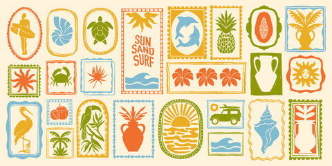 summer beach tropical travel stamp, vector hand drawn ocean surf print set, coastal postage design. 