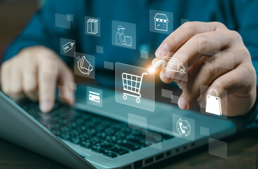 Digital marketing and financial. Pressing on cart while online shopping. Marketing suppliers offer discounts, free shipping, and delivery 24 hours a day. Marketplace platform digital marketing.