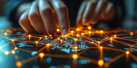 Human hands interacting with an illuminated digital network connection