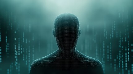 Man in futuristic suit navigating binary code streams in a digital world