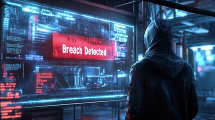 Cybersecurity breach detected: A hooded figure contemplates digital network intrusion