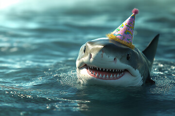 shark party in the ocean with a hat, smiling teeth and marine wildlife in the sea water