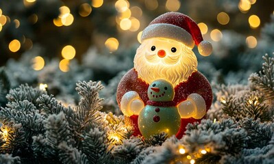 Wall Mural - Illuminated Santa Claus and Snowman Figures Amidst Snowy Evergreen Branches