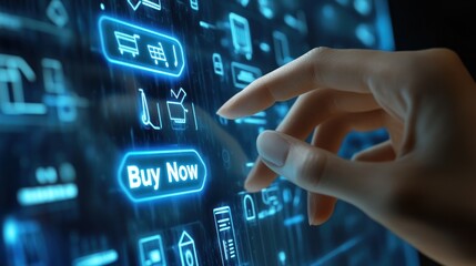 Finger activating online purchase button on digital display screen interface