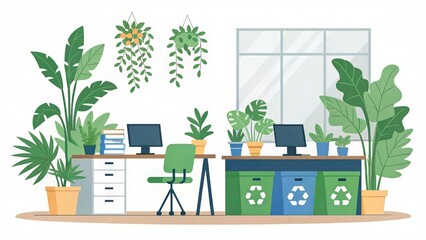 Aufkleber - Environmental awareness day concept. Bright office space with plants, recycling bins, and desks, promoting sustainability and productivity.
