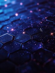 abstract futuristic hexagonal pattern with glowing particles in a dark blue color scheme for technol