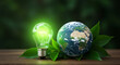 © Eugen - Green energy lighting for sustainable future, with earth globe and lightbulb on leaf background for earth day greeting card, environment and ecology concept