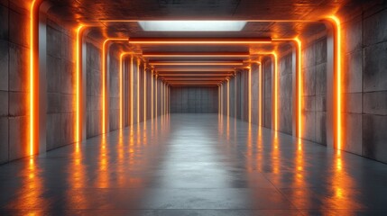Sticker - Illuminated hallway features orange lighting in a concrete structure