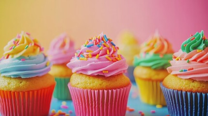 Aufkleber - Colorful cupcakes with neon icing and rainbow sprinkles create a vibrant bakery display in a close-up shot