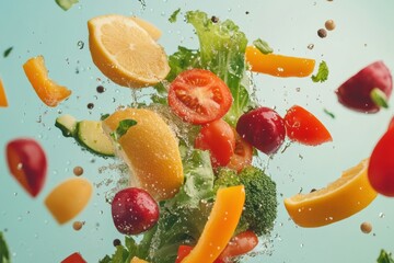Poster - Fresh vegetables and fruits create a vibrant splash with colorful water droplets captured in mid-air during a culinary adventure in a bright kitchen