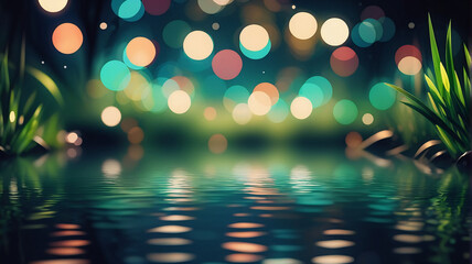 Leinwandbilder - Abstract glowing bokeh lights illuminate a serene pond, reflecting vibrant colors on the water's surface. Lush green plants frame the tranquil scene, creating a magical and peaceful atmosphere.