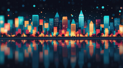 Poster - Abstract cityscape at night with glowing buildings. Colorful lights reflect in water, creating a vibrant and dreamy urban scene.