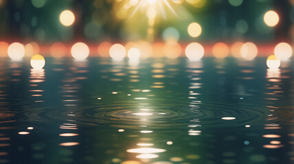 Aufkleber - Soft blurred lights reflect on a dark water surface with gentle ripples expanding outwards.  Illuminated spots create a calming and dreamy atmosphere in the scene.