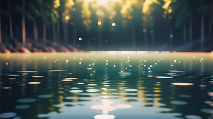 Poster - Calm lake mirroring tall trees under soft sunlight, with bokeh effect lights on the water surface, creating a tranquil and scenic natural view.