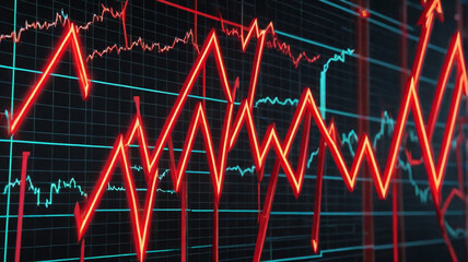 Poster - Red and blue lines intersect on a dark grid, forming a financial graph. The prominent red line sharply zigzags, indicating market volatility and economic fluctuations.