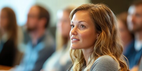 Aufkleber - Employee town hall meeting, close-up of engaged faces, focus on open communication and leadership transparency