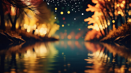 Leinwandbilder - A serene waterscape at twilight features autumnal trees with warm lights creating a magical, glowing reflection on the calm, dark water.