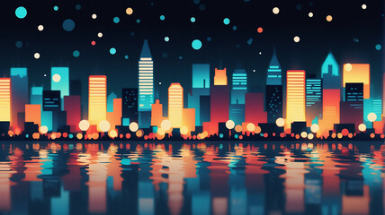 Poster - Stylized night cityscape, bright buildings reflect on calm water beneath a starry dark sky. Vibrant colors light up the urban scene.