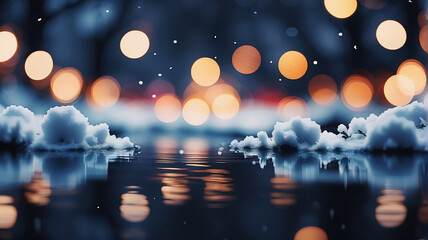 Leinwandbilder - Winter night scene with blurred lights and snow on the banks reflecting in the water, creating a peaceful and dreamy atmosphere.