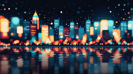 Poster - Blurry night city skyline reflects in water. Colorful lights create a dreamy, artistic cityscape panorama. The urban scene is vibrant and illuminated.