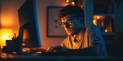 Aufkleber - A detailed view of a late-night work session, focus on a tired employee's face illuminated by the glow of the computer, capturing the strain