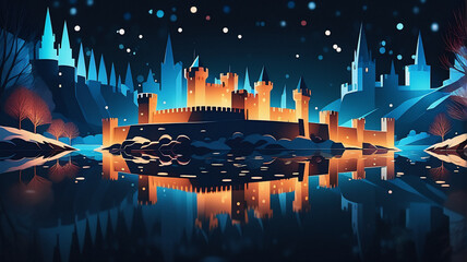 Poster - Magical glowing castle reflected in dark water at night. Winter scene with snow-covered ground, starry sky, and silhouetted trees in the background.