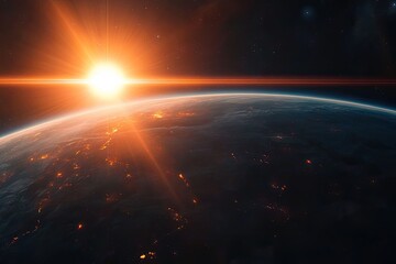 planet with a sun in the sky and a bright orange glow. the sun is in the center of the image and the